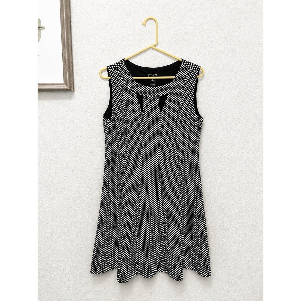 Enfocus Studio Dress Size 10 Black White Polka Dot Sleeveless Fit & Flare Career